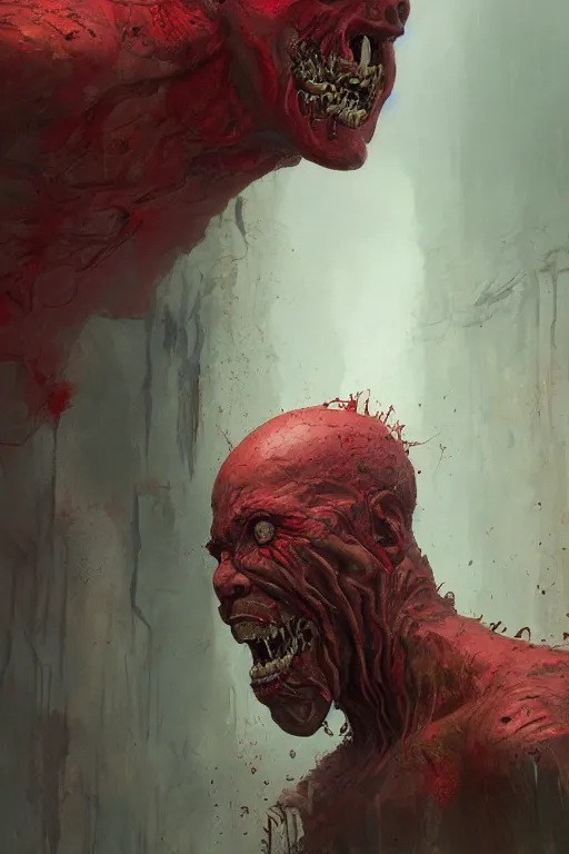 Prompt: Spirit of rage, face distorted by anger, red, disco elysium, highly detailed, digital painting, artstation, concept art, smooth, sharp focus, illustration, art by greg rutkowski and Wayne Barlowe and Zdislav Beksinski and Francis Bacon