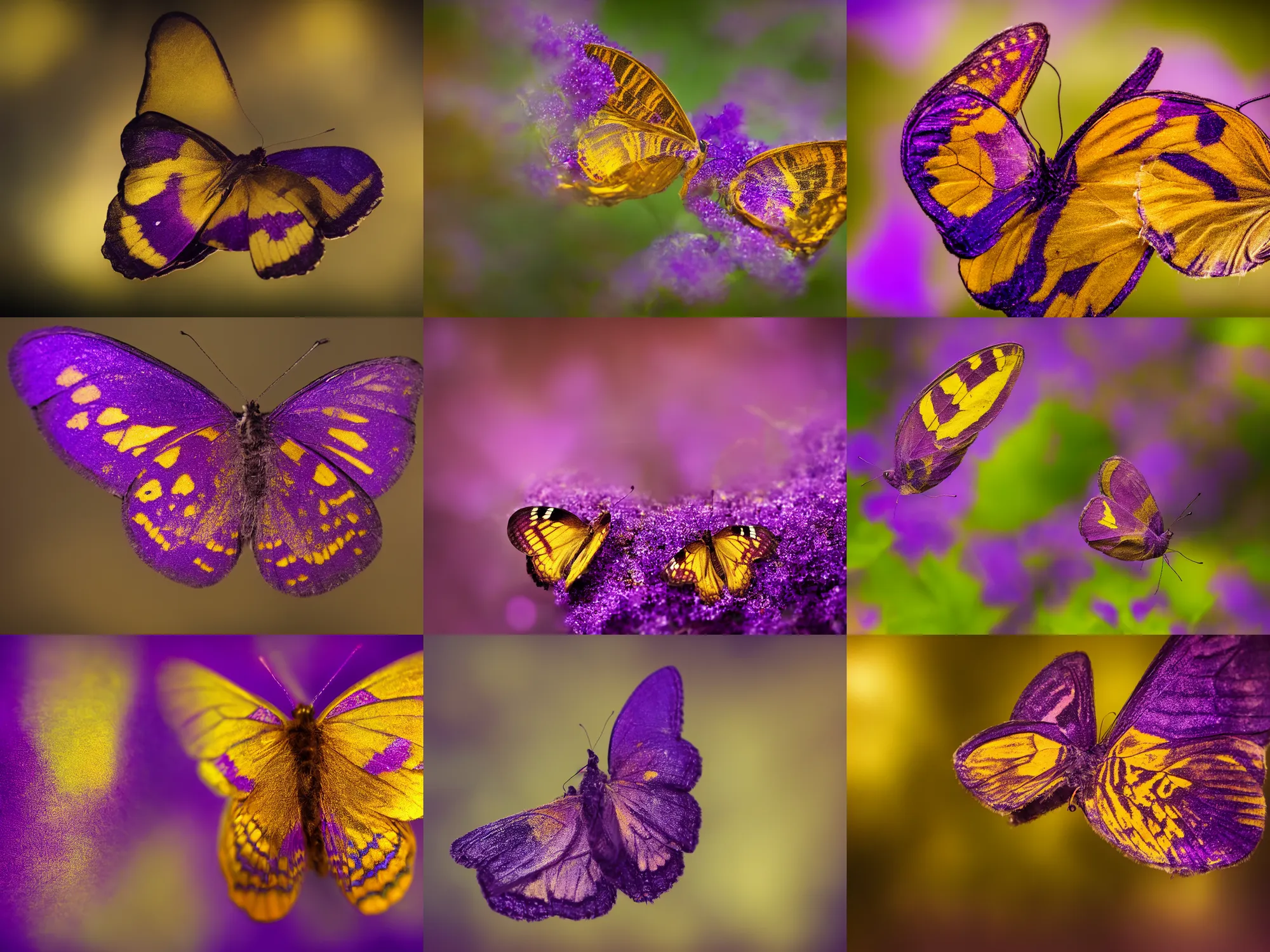 Prompt: macro photography of a purple and gold butterfly, bokeh, glowing fog, trending on artstation