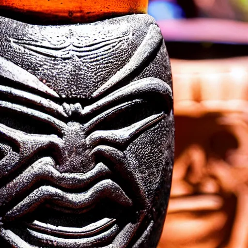 Image similar to a closeup photorealistic capture of glossy spider man style tiki mug at an outdoor trader vic's bar featuring the face of spider man. tiki theme. bright scene. fine detail. this 4 k hd image is trending on artstation, featured on behance, well - rendered, extra crisp, features intricate detail, epic composition and the style of unreal engine.