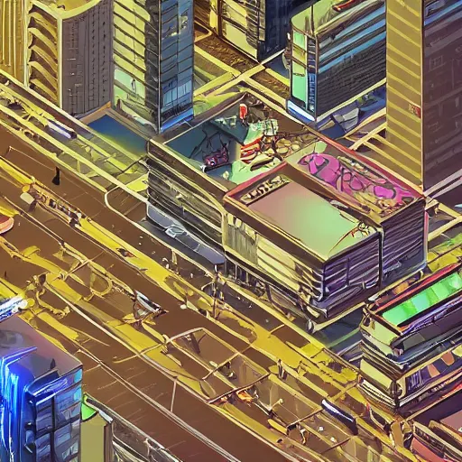 Image similar to eagle-eye view of street. Cyberpunk futurepunk advanced civilisation.