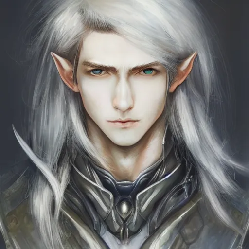 Image similar to portrait of an elf by ayami kojima, he is about 2 0 years old, androgenic, long white hair, slender and tall, smirk, he is wearing a modern tactical gear, scifi, highly detailed portrait, digital painting, artstation, concept art, smooth, sharp foccus ilustration, artstation hq