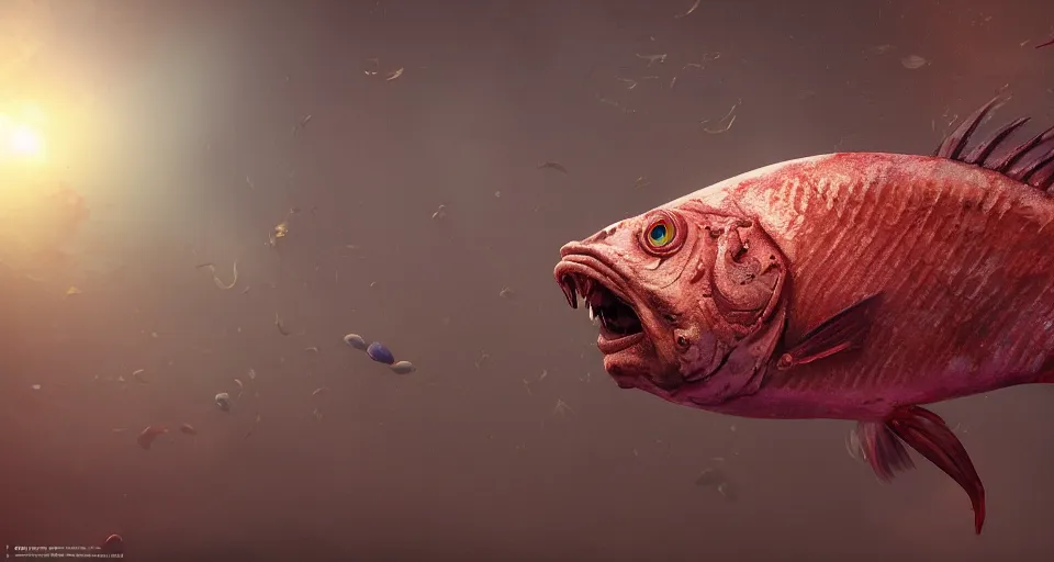 Prompt: a beautiful painting of a zombie fish, octane render, brilliantly coloured, intricate, ultra wide angle, trending on artstation, dusk, volumetric lighting, polished, micro details, ray tracing, 8k