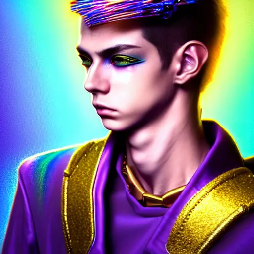 Prompt: hyperdetailed close portrait of a stunningly beautiful ukrainian boy androgynous wizard guard made of iridescent metals and shiny purple gems, bright rainbow nimbus, golden necklace, smoke background inspired by ross tran and masamune shirow and kuvshinov, concept art, intricate, photorealistic, octane render, rtx, hdr, unreal engine, dnd digital art by artgerm