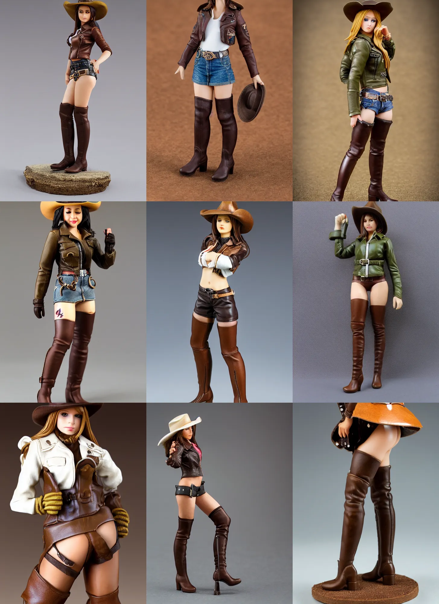 Prompt: 80mm resin detailed miniature of a cow girl, Short brown leather jacket, ten-gallon hat, over-knee boots, navel, olive thigh skin, on textured disc base; Miniature product Introduction Photos, 4K, Full body; Side view