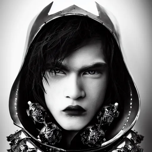 Prompt: a portrait of a beautiful young vampire male wearing an alexander mcqueen armor , photographed by andrew thomas huang, artistic