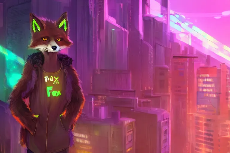 Prompt: a fox fursona with a fluffy tail in a cyberpunk city, trending on artstation, by kawacy, neon backlighting, furry art