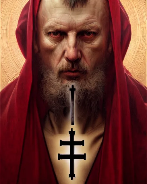 Image similar to realistic portrait of a nasty bishop, inverted cross, evil, heroic pose, beautiful face, bible, full body, dramatic lighting, intricate, wild, highly detailed, digital painting, artstation, concept art, smooth, sharp focus, illustration, art by artgerm and greg rutkowski and alphonse mucha, footage from space camera