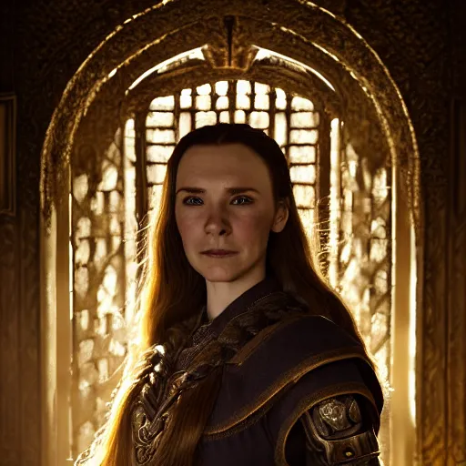 Image similar to the elder scrolls vi, charismatic regal brunette female jarl, portrait, throne room, atmospheric lighting, painted, intricate, volumetric lighting, beautiful, daytime, sunny weather, slight overcast, sharp focus, deep colours, ultra detailed, by leesha hannigan, ross tran, thierry doizon, kai carpenter, ignacio fernandez rios