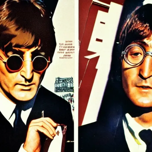 Image similar to john lennon and the beatles star in a james bond movie, 1960s film poster