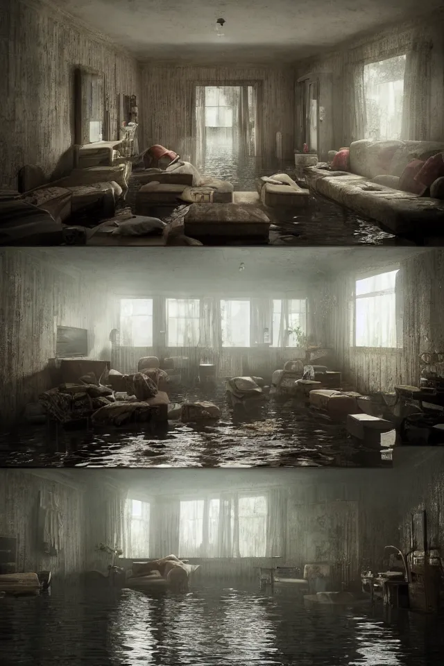 Prompt: flooded house interior, hyperdetailed, octane , hyper realistic , detailed , interior , hyperfocal 8k , in the style of Gregory Crewdson