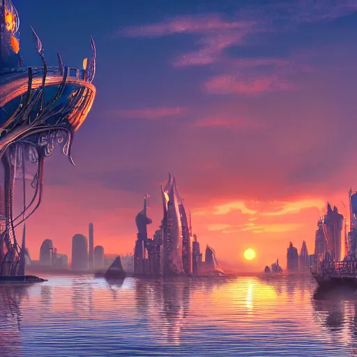Prompt: sunset in the sea over a modern city, fantasy style, hd wallpaper