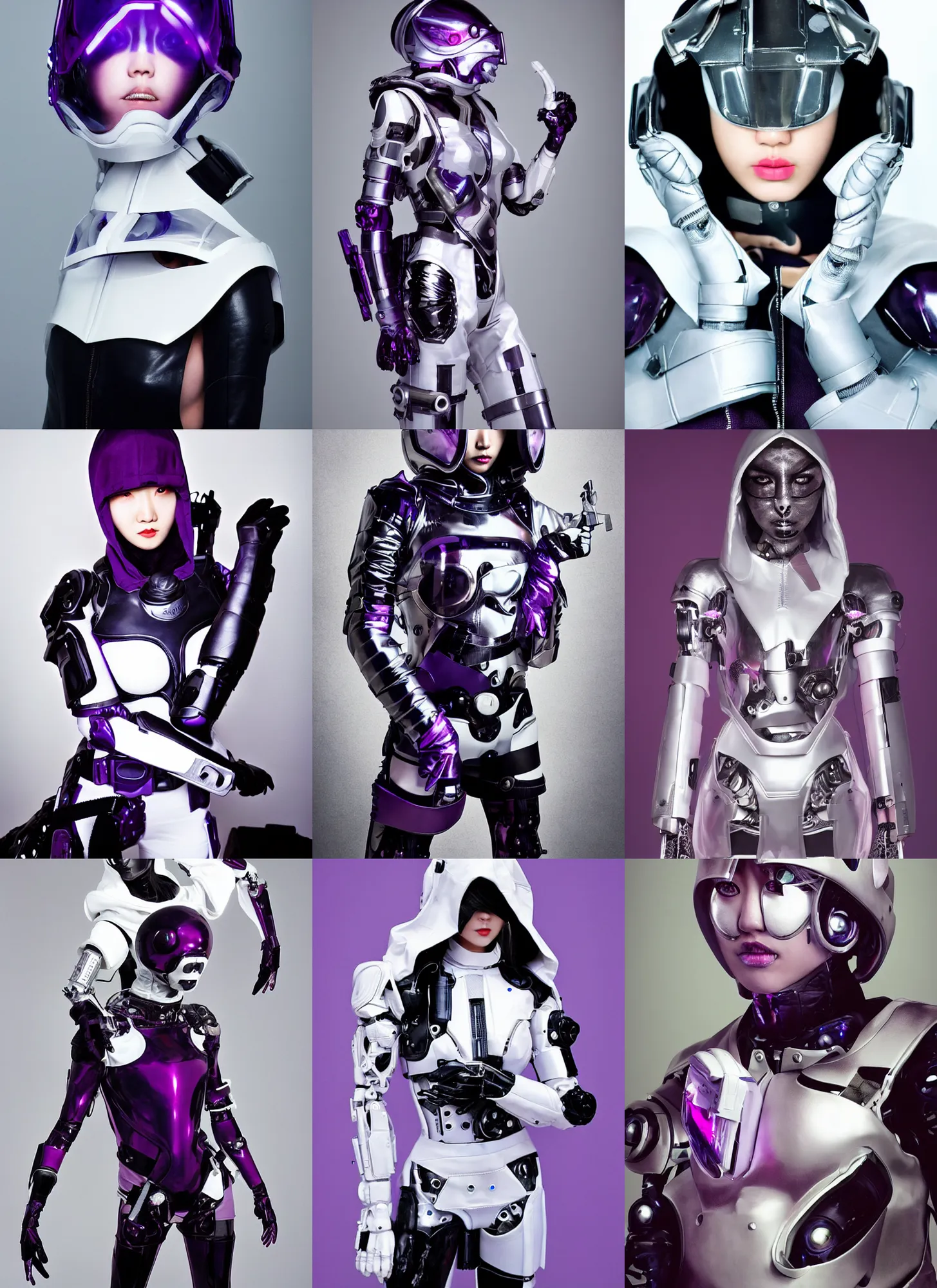 Prompt: cyborg ulzzang with white sci - fi tactical gear, black leather garment, purple transparent crystal cybernetic hood, full shot fashion photography, by irving penn and storm thorgerson, ren heng, peter elson