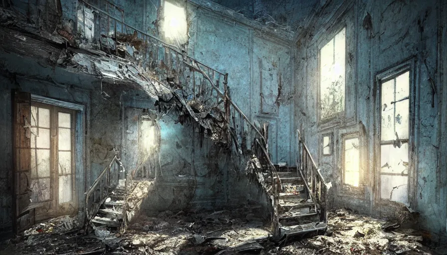 Image similar to abandoned dusty small house with damaged stairs, peeling tapestry, dirty ground, old furnitures, moonlight through old broken windows, hyperdetailed, artstation, cgsociety, 8 k