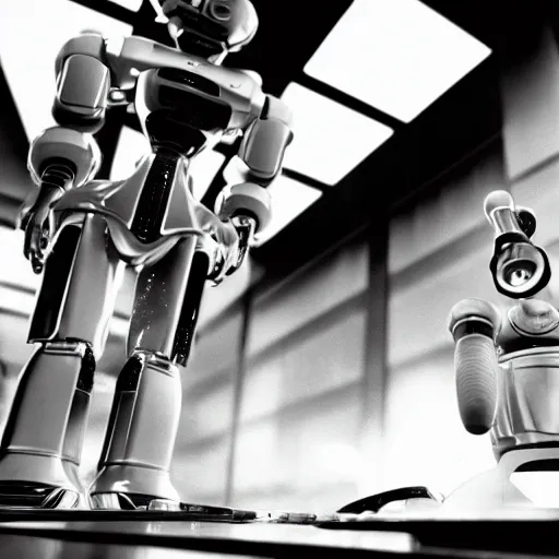 Image similar to Movie still of 'Future Science Apocalypse' (1990). Robot chef preparing food. Sigma 85mm f/1.4