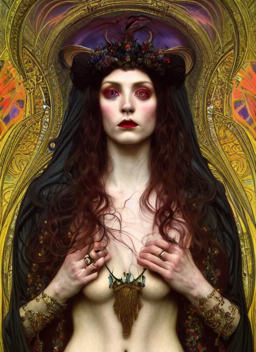 Image similar to hyper detailed masterpiece vampire girl duchess by donato giancola and tom bagshaw, face by artgerm and edmund leighton, and alphonse mucha, trending on artstation, colorful, psychedelic aesthetic, ornate, background by gustav klimt, 8 k, black gothic, majestic, volumetric lighting, porcelain skin, concept art, sharp focus