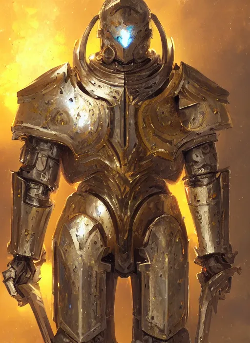 Image similar to dynamic portrait of a intricate glorious holy mechanical warforged character in yellow armor holding a paladin engraved great longsword and carrying a big paladin shield, spotlight from face , epic , trending on ArtStation, masterpiece, cinematic lighting, by Greg Rutkowski and by John Salminen and by Jackson Pollock and by Marc Simonetti