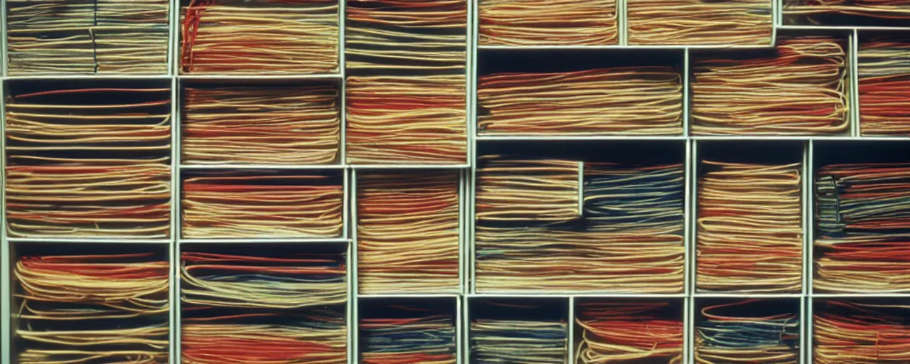 Prompt: spaghetti neatly organized in a file cabinet at an office, 1 9 7 0 s, canon 5 0 mm, kodachrome, in the style of wes anderson, retro