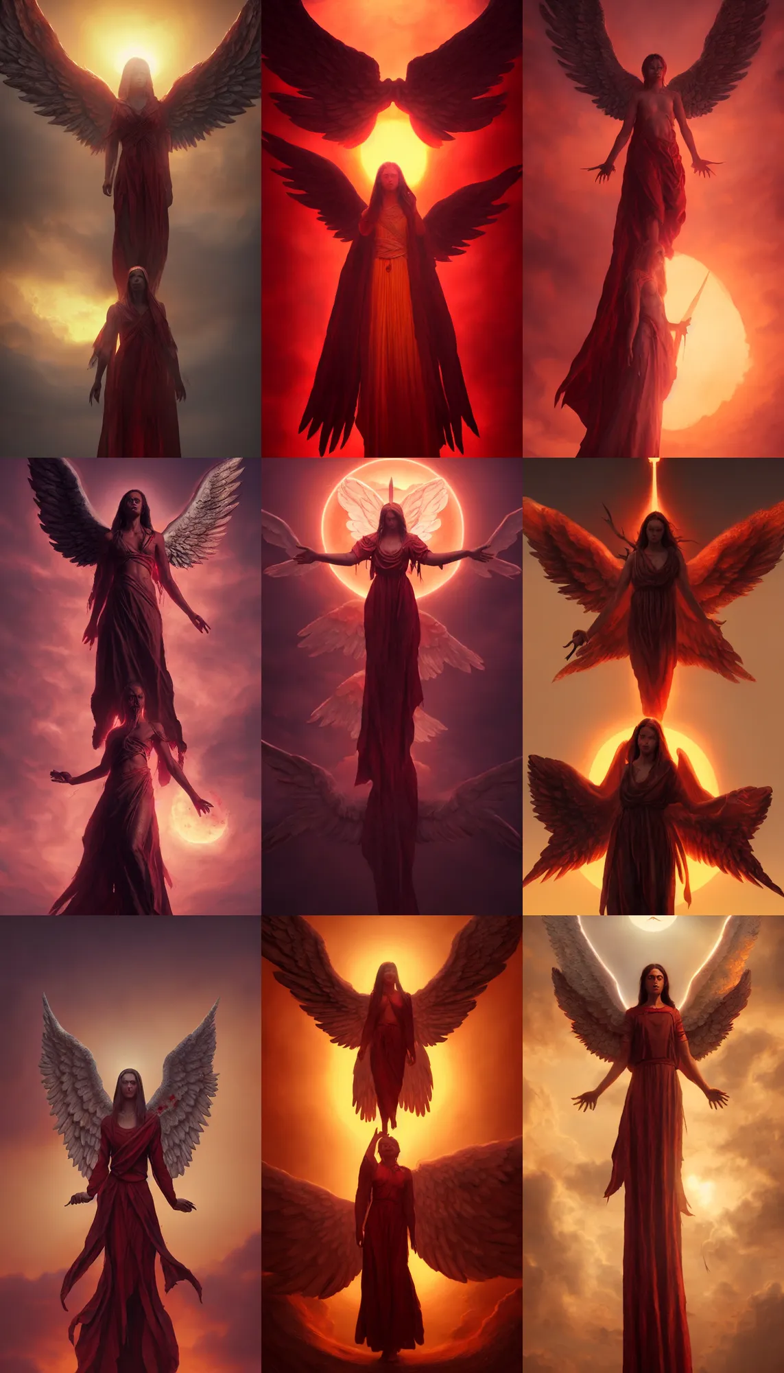 Prompt: biblically correct seraphim angel with six wings, horrific, gruesome, hyperrealistic, dark radiant light, blood red sunset, octane render, cinematic, art by by Greg Rutkowski and Igor Kieryluk