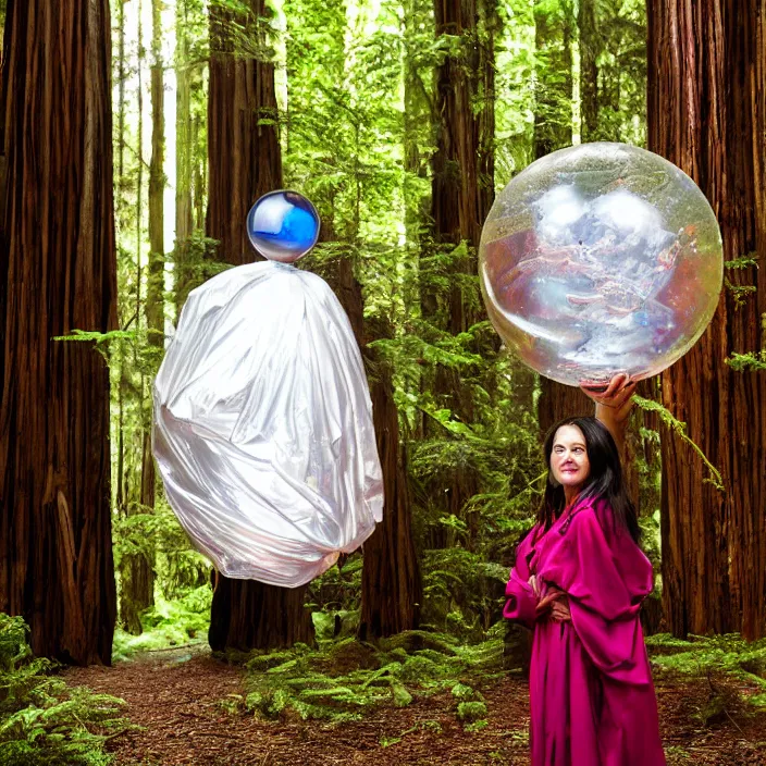 Prompt: a color photograph, closeup portrait of a woman wrapped in plastic, standing next to a bismuth orb, in a redwood forest, color photograph, by vincent desiderio, canon eos c 3 0 0, ƒ 1. 8, 3 5 mm, 8 k, medium - format print