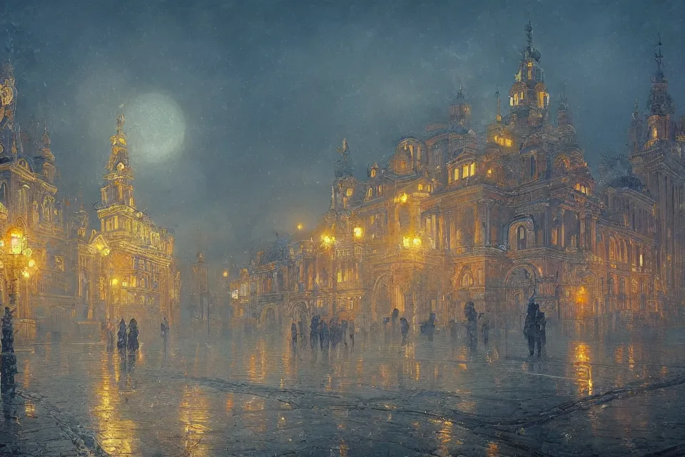 Image similar to beautiful ukranian city of odessa in mist, magic lights, magic mist, strange buildings, oil painting, painting by viktor vasnetsov, concept art, fantasy cityscape, ukrainian architecture, painting by ivan shishkin, hyperborea, high resolution, trending on artstation