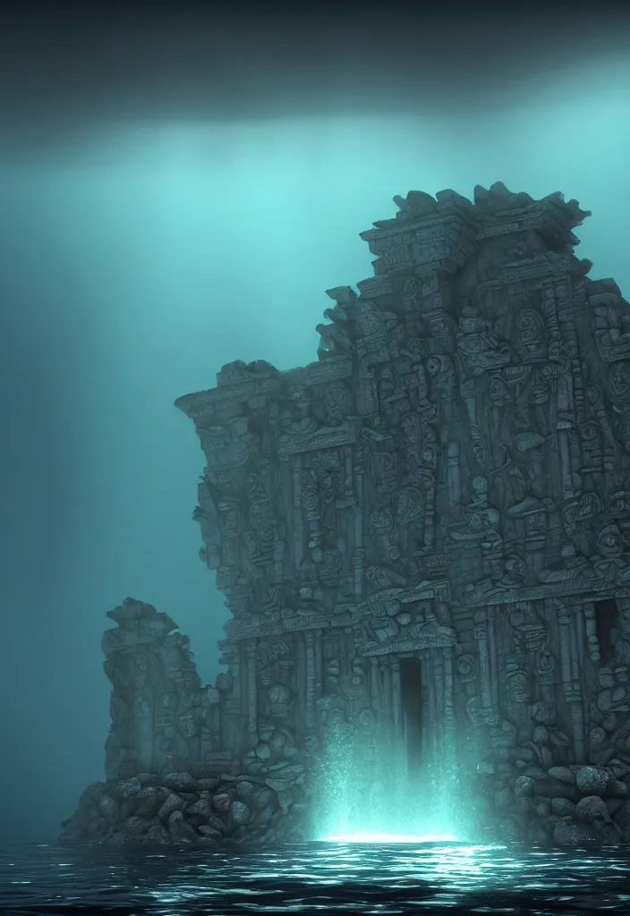 Image similar to low ultrawide shot, dark, underwater statues, submerged pre - incan temple with carvings, abyss, stylized, anime style mixed with fujifilm, detailed gouache paintings, crepuscular rays, dark, murky, foggy, atmospheric, artstation, cgsociety, unreal engine 5, octane render