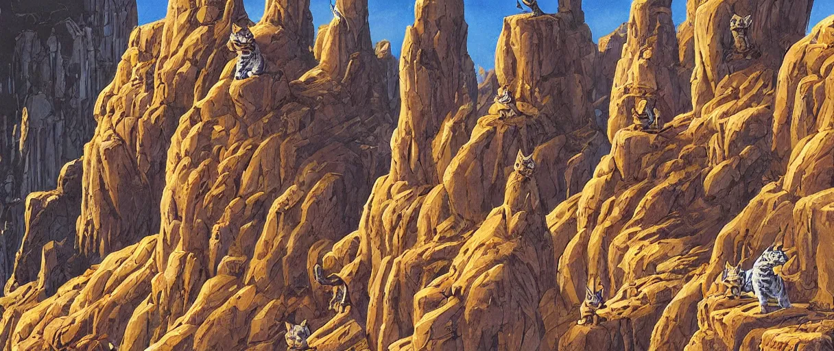 Image similar to A beautiful illustration of anthropomorphic Feline warriors statues carved in cliffsides by Robert McCall and Ralph McQuarrie | sparth:.1 | Graphic Novel, Visual Novel, Colored Pencil, Comic Book:.2 | unreal engine:.5 | establishing shot