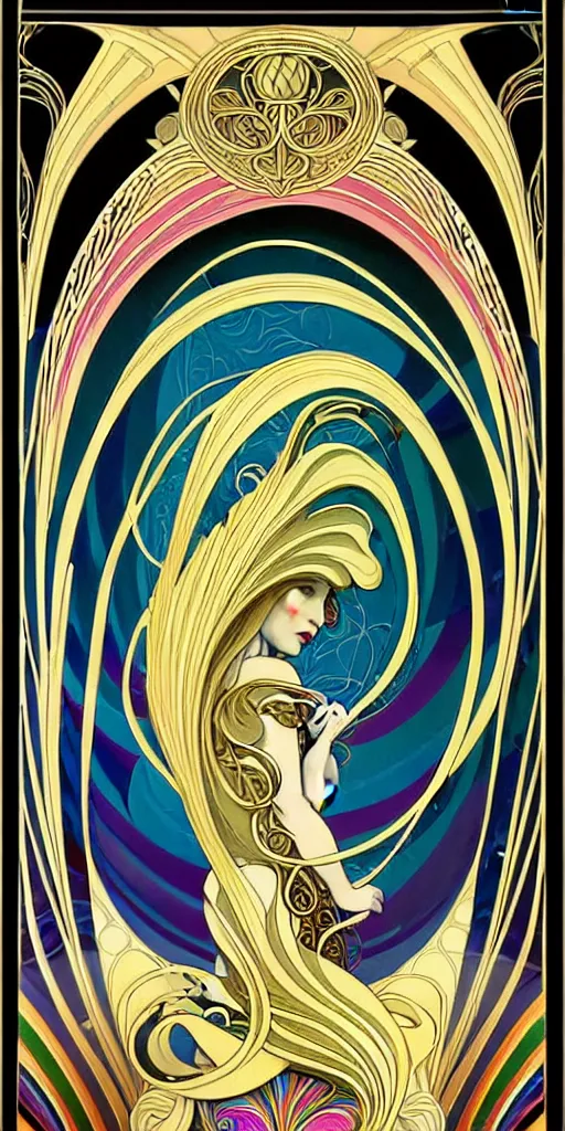 Image similar to the source of future growth dramatic, elaborate emotive Art Nouveau styles to emphasise beauty as a transcendental, seamless pattern, symmetrical, large motifs, rainbow liquid splashing and flowing, 8k image, supersharp, spirals and swirls in Art Nouveau style, medallions, iridescent black and rainbow colors with gold accents, perfect symmetry, High Definition, sci-fi, Octane render in Maya and Houdini, light, shadows, reflections, photorealistic, masterpiece, smooth gradients, high contrast, 3D, no blur, sharp focus, photorealistic, insanely detailed and intricate, cinematic lighting, Octane render, epic scene, 8K