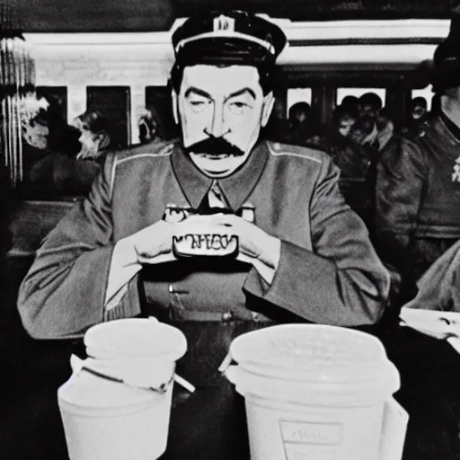 Prompt: joseph stalin eating at burger king, colored, burger king logo, 8 k
