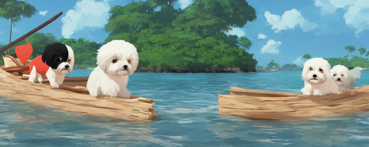 Image similar to a cream - colored havanese dog and shih tzu, sailing a log raft onto the shore of a beautiful tropical beach, detailed, atey ghailan, goro fujita, studio ghibli, rim light, exquisite lighting, clear focus, very coherent,