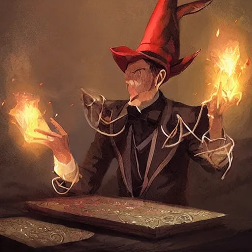 Image similar to magic elf magician wearing top hat performing a card trick, fantasy game art by greg rutkowski, fantasy rpg, league of legends