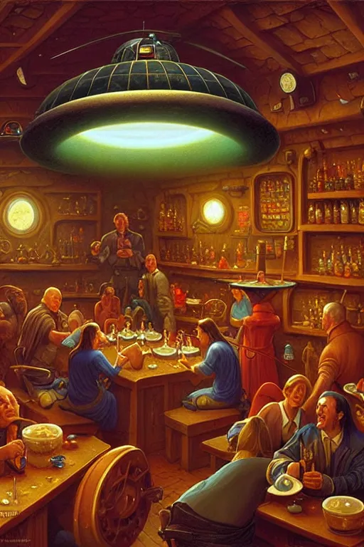 Prompt: classic oil painting, a flying saucer ufo spacecraft, inside a cluttered medieval tavern, highly detailed, digital illustration, concept art, smooth, sharp focus, art by tim hildebrandt, and greg hildebrandt