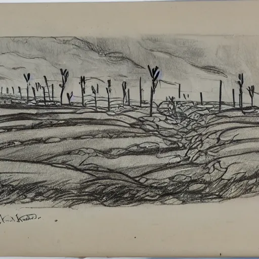 Image similar to milt kahl sketch of world war 1 trenches with the city of miami in the background