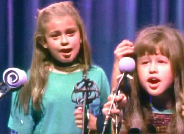 Prompt: A 10-years-old girl singing on the small stage in the TV studio. Funny TV show in 90s. Color VHS footage.