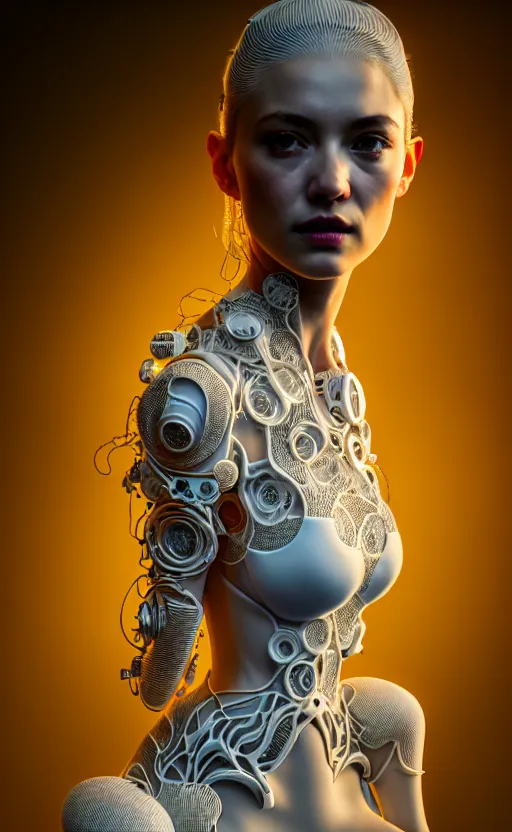 Prompt: intricate hyper detailed ultra sharp 3 d render of a beautiful porcelain seductive woman portrait, medium shot portrait, bright light, alexandre ferra white mecha, cyberpunk mechanical haute couture huge fractal mycelum and fungi, magnolia goliath head ornaments, big embroidered leaves filigree sinuous roots, octane render, volumetric cinematic lighting, yellow, 8 k, vray tracing