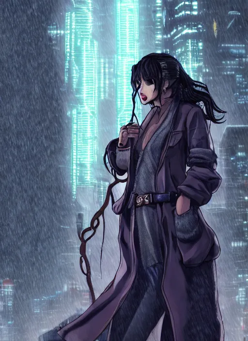 Prompt: character portrait of a female anthro hyena fursona with long black curly hair wearing jedi robes in a cyberpunk city at night while it rains. hidari, color page, tankoban, 4K, tone mapping, Akihiko Yoshida.