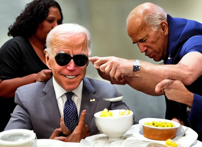 Image similar to Biden in a wheelchair getting spoon-fed by obese black woman, award winning cinematic photography, 50 mm, blurred background, trending on twitter