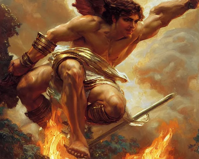 Prompt: attractive apollo greek god, riding his fire chariot. highly detailed painting by gaston bussiere, craig mullins, j. c. leyendecker 8 k