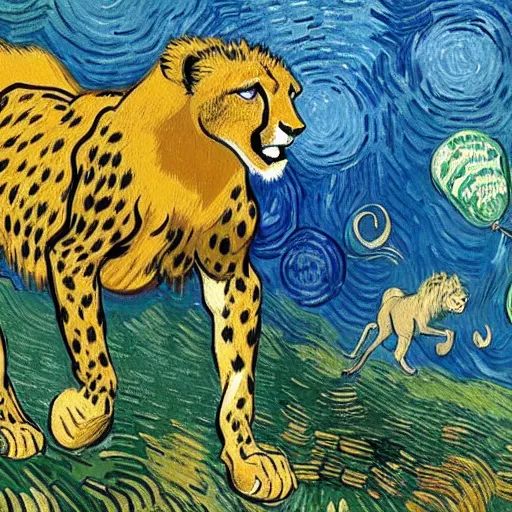 Prompt: cheetah and a lion run through the forest and see a mountain of balloons , concept art, huge scale, high detail, sci fi by van gogh