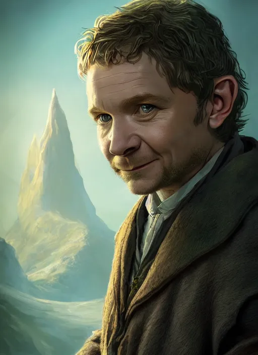 Prompt: A fantasy comic book style portrait painting of Martin Freeman as a hobbit mage in a stunning fantasy fortress, unreal 5, DAZ, hyperrealistic, octane render, RPG portrait, dynamic lighting