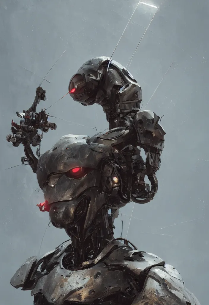 Image similar to a close up portrait of a robot who is an archer by greg rutkowski, sung choi, mitchell mohrhauser, maciej kuciara, johnson ting, maxim verehin, peter konig, 8 k photorealistic, cinematic lighting, hd, high details, dramatic, dark atmosphere, trending on artstation