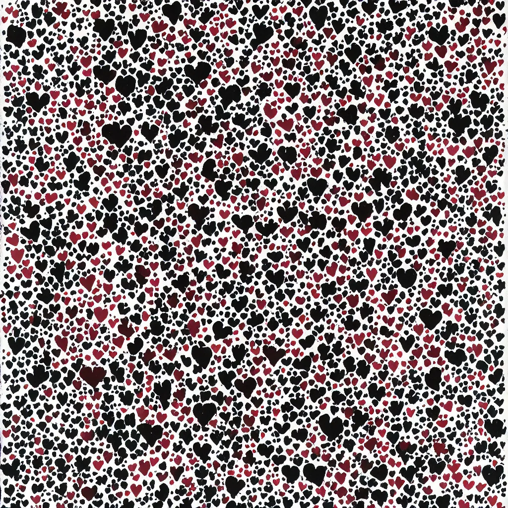 Image similar to camo made of hearts, smiling, abstract, rei kawakubo artwork, cryptic, dots, stipple, lines, splotch, color tearing, pitch bending, color splotches, dark, ominous, eerie, minimal, points, technical, old painting