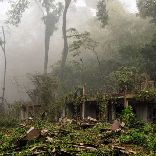 Prompt: Ruins of an apartment complex in a jungle full of mist, DSLR photography, 4k wallpaper