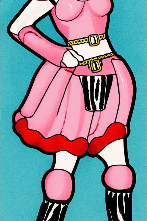 Prompt: a 1998 fashion illustration of a Dutch milkmaid costume with a cowbell choker and exposed midriff. silicone prosthetic cow udder fx makeup on midriff. drag queen, campy. Cow Costume with Udders, comical. Cloven Hoof High-Heeled Boots.