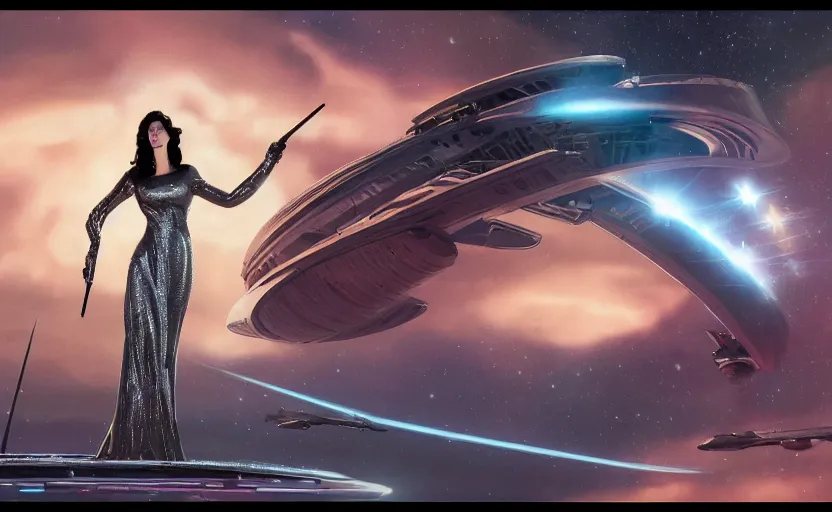 Prompt: Eva Green as a stunning , beautiful retro SCI-FI space heroine 1985 , star ship taking off in the background on the left side , movie poster, intricate, elegant, highly detailed, centered, digital painting, trending on artstation, concept art, smooth, sharp focus, illustration, art by raphael lacoste ,eddie mendoza ,alex ross, WLOP