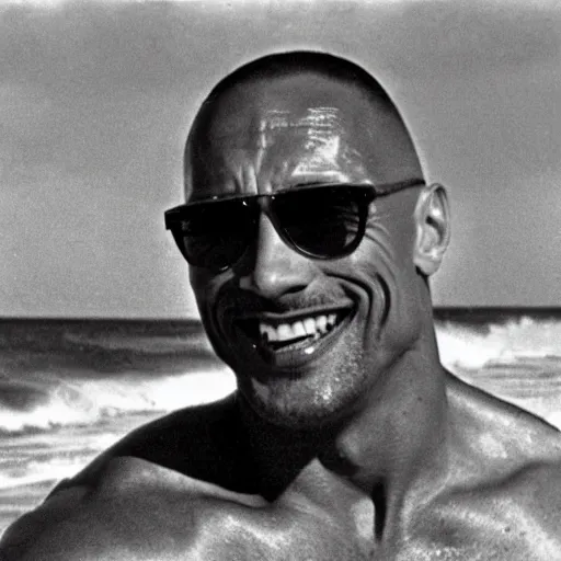 Image similar to a 1940s photograph of Dwayne Johnson having a lovely day at the beach