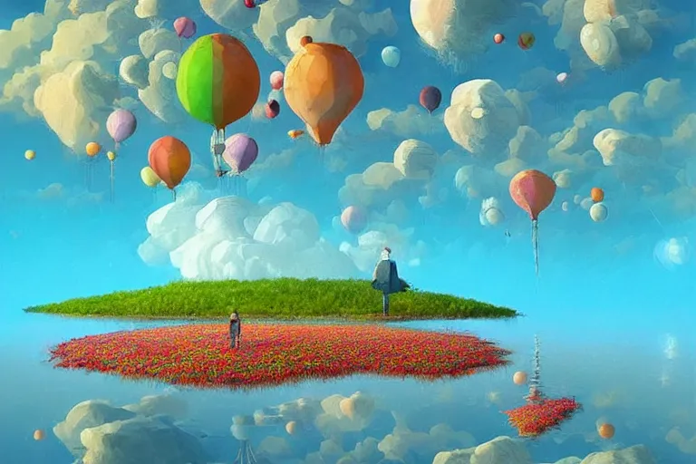 Image similar to surreal glimpse into other universe, floating island in the sky, sea and wind, summer morning, very coherent and colorful high contrast, art by!!!! gediminas pranckevicius!!!!, geof darrow, dark shadows, hard lighting