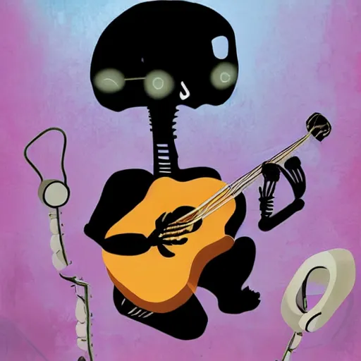 Image similar to skeleton wearing headphones watching girl playing guitar with her black cat standing next to her, digital art