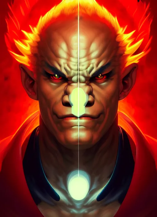 Image similar to symmetry!! portrait of akuma, street fighter, sci - fi, global illumination!! intricate, elegant, highly detailed, digital painting, artstation, concept art, smooth, sharp focus, illustration, art by artgerm and greg rutkowski and alphonse mucha