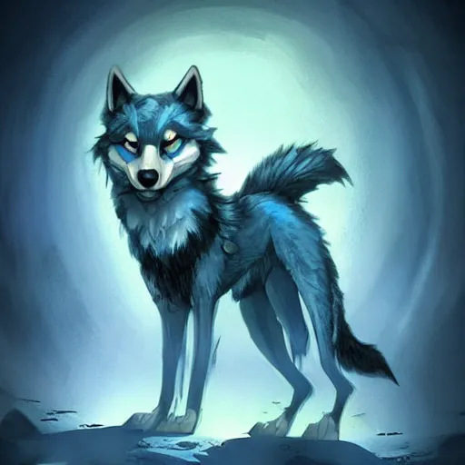 Image similar to furry blue wolf, fantasy dieselpunk, dramatic, light, artstation