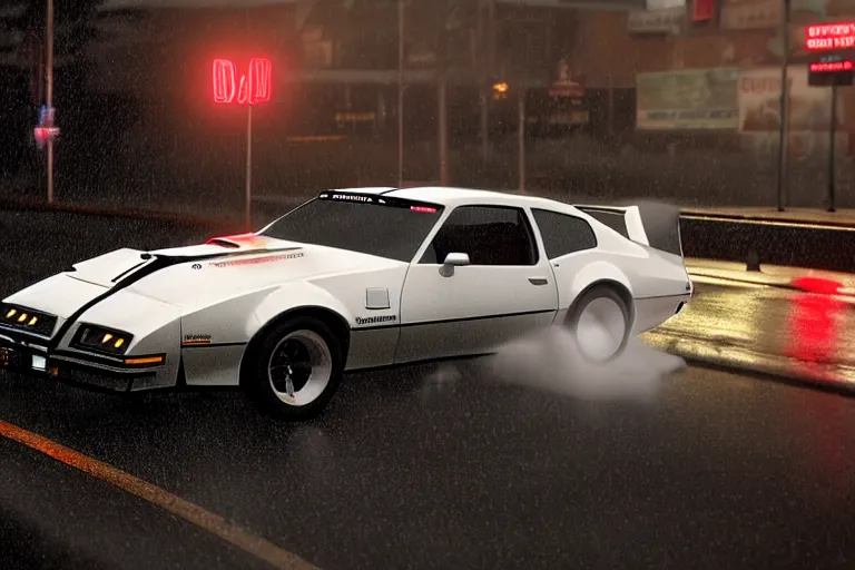 Image similar to hyperdetailed, photorealistic photograph of a 1 9 8 2 pontiac firebird trans - am drifting in the streets, rain, night, dense fog, hd, unreal engine 5 by greg rutowski, by stanley artgerm, by alphonse mucha